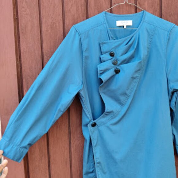 SEA NEW YORK | Blue Asymmetric Ruffle Neck Stretch Cotton Poplin Wrap Midi Dress - Picture 5 of 12